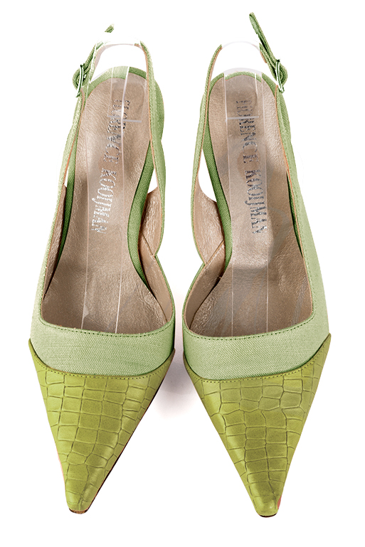 Chaussure femme à brides :  couleur vert pistache. Bout pointu. Talon haut bobine. Vue du dessus - Florence KOOIJMAN