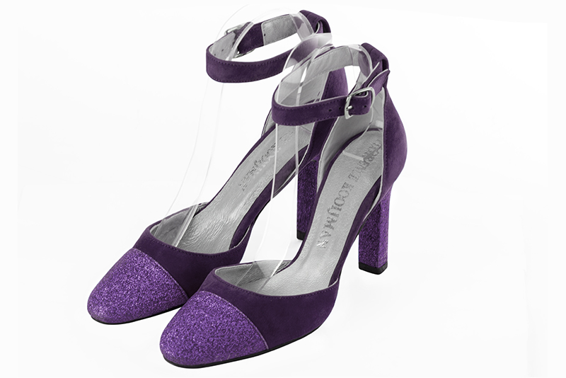 Chaussure femme à brides : Chaussure côtés ouverts bride cheville couleur violet améthyste. Bout rond. Talon très haut trotteur Vue avant - Florence KOOIJMAN