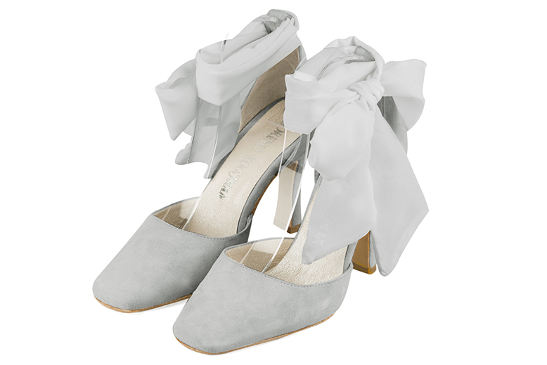 Chaussure femme à brides : Chaussure côtés ouverts foulard cheville couleur gris perle. Bout carré. Talon très haut bobine Vue avant - Florence KOOIJMAN