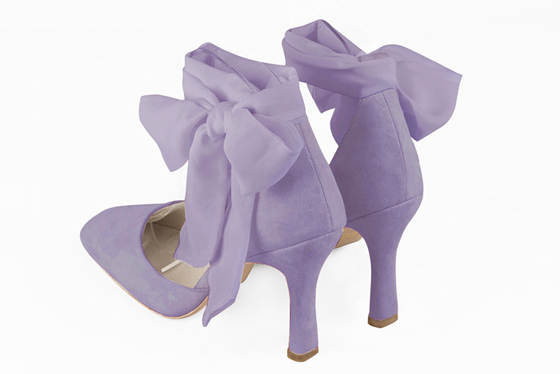 Chaussure femme à brides : Chaussure côtés ouverts foulard cheville couleur violet parme. Bout carré. Talon très haut bobine. Vue arrière - Florence KOOIJMAN