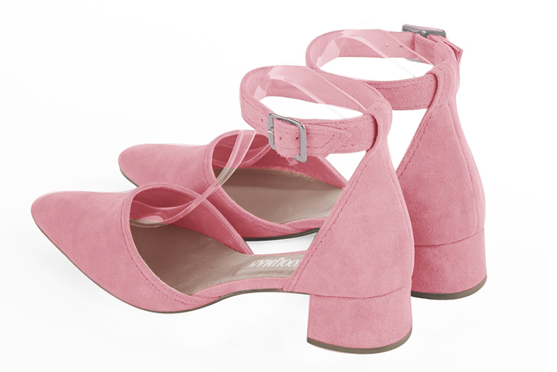 Chaussure femme à brides : Chaussure côtés ouverts bride cheville couleur rose camélia. Bout effilé. Petit talon évasé. Vue arrière - Florence KOOIJMAN