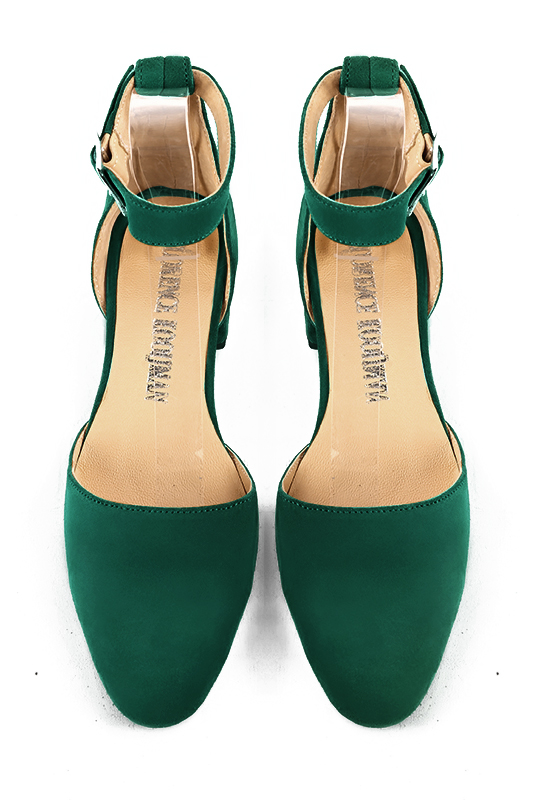 Chaussure femme à brides : Chaussure côtés ouverts bride cheville couleur vert émeraude. Bout rond. Petit talon bottier. Vue du dessus - Florence KOOIJMAN