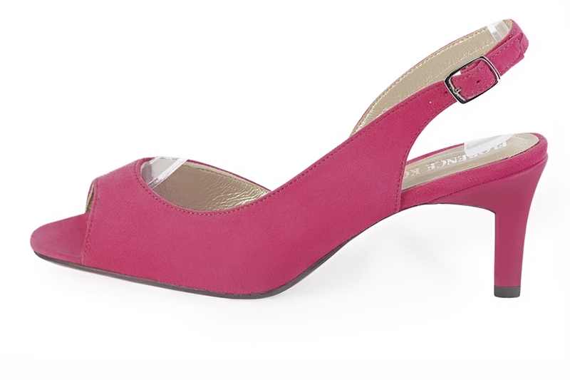 Sandale femme : Sandale soirées et cérémonies couleur rose pétunia. Bout carré. Talon mi-haut virgule. Vue de profil - Florence KOOIJMAN