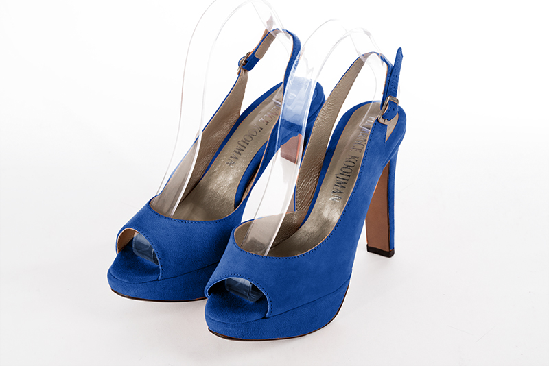 Sandale femme : Sandale soirées et cérémonies couleur bleu électrique. Bout rond. Talon très haut fin. Plateforme à l'avant Vue avant - Florence KOOIJMAN