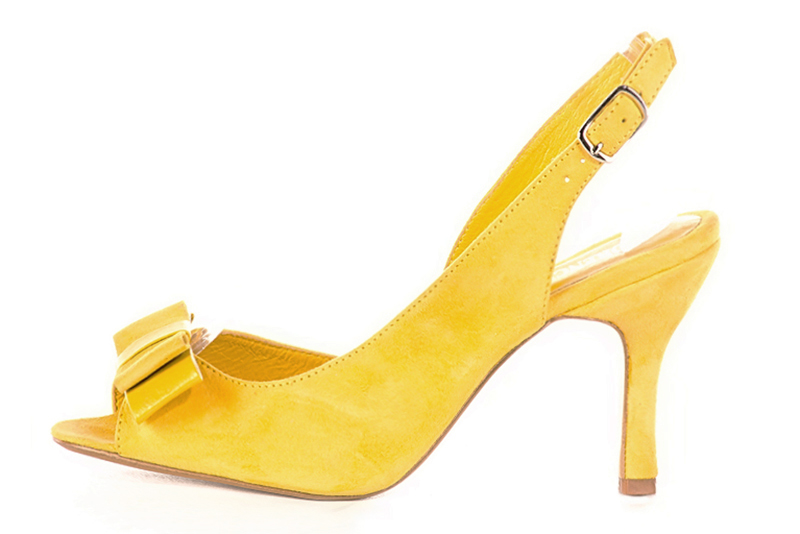 Sandale femme : Sandale soirées et cérémonies couleur jaune soleil. Bout rond. Talon haut bobine. Vue de profil - Florence KOOIJMAN