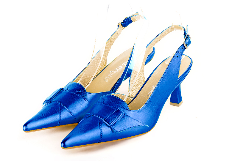 Chaussure femme à brides :  couleur bleu électrique. Bout pointu. Talon mi-haut bobine Vue avant - Florence KOOIJMAN