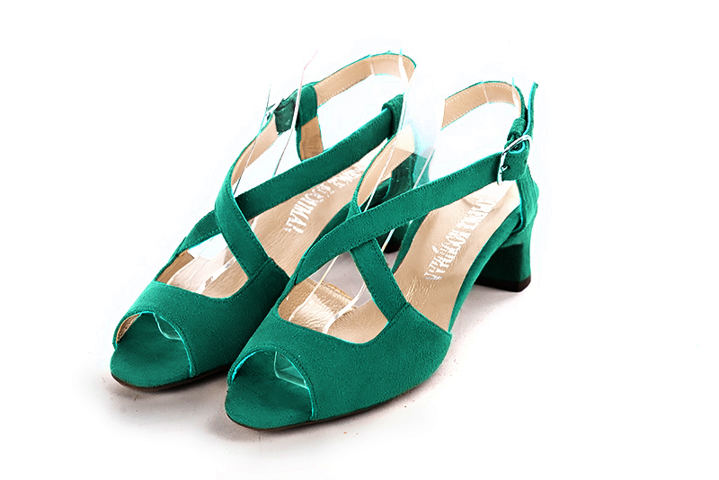 Sandale femme : Sandale soirées et cérémonies couleur vert émeraude. Bout rond. Petit talon trotteur Vue avant - Florence KOOIJMAN