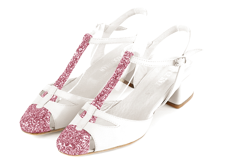 Chaussure femme à brides : Salomé ouverte à l'arrière couleur rose camélia et blanc cassé. Bout rond. Petit talon évasé Vue avant - Florence KOOIJMAN