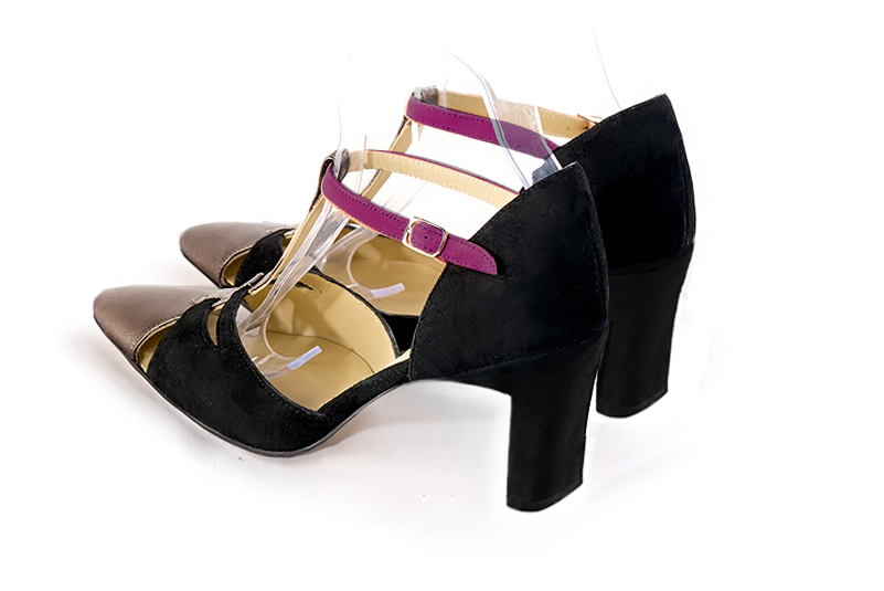 Chaussure femme à brides : Salomé côtés ouverts couleur or mordoré, noir mat et violet myrtille. Bout effilé. Talon mi-haut virgule. Vue arrière - Florence KOOIJMAN
