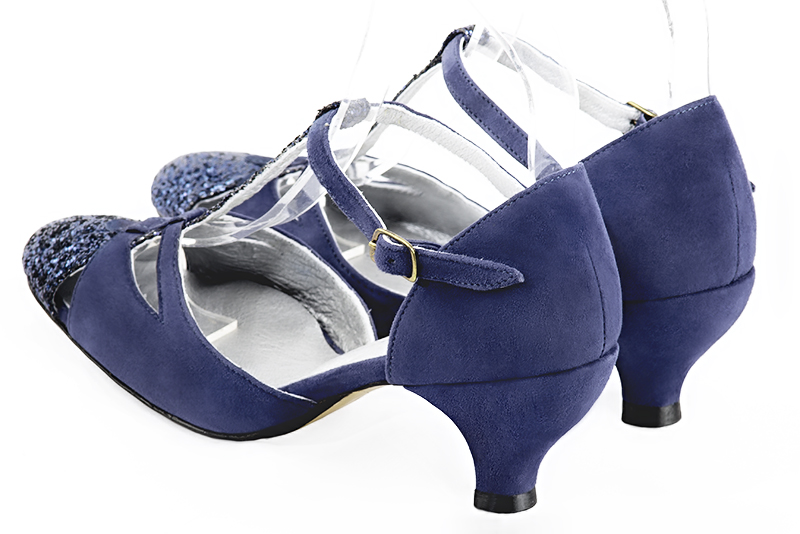 Chaussure femme à brides : Salomé côtés ouverts couleur bleu indigo. Bout rond. Talon mi-haut bobine. Vue arrière - Florence KOOIJMAN