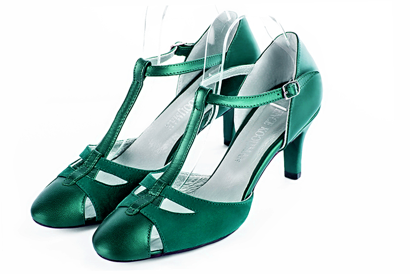 Chaussure femme à brides : Salomé côtés ouverts couleur vert émeraude. Bout rond. Talon mi-haut fin Vue avant - Florence KOOIJMAN