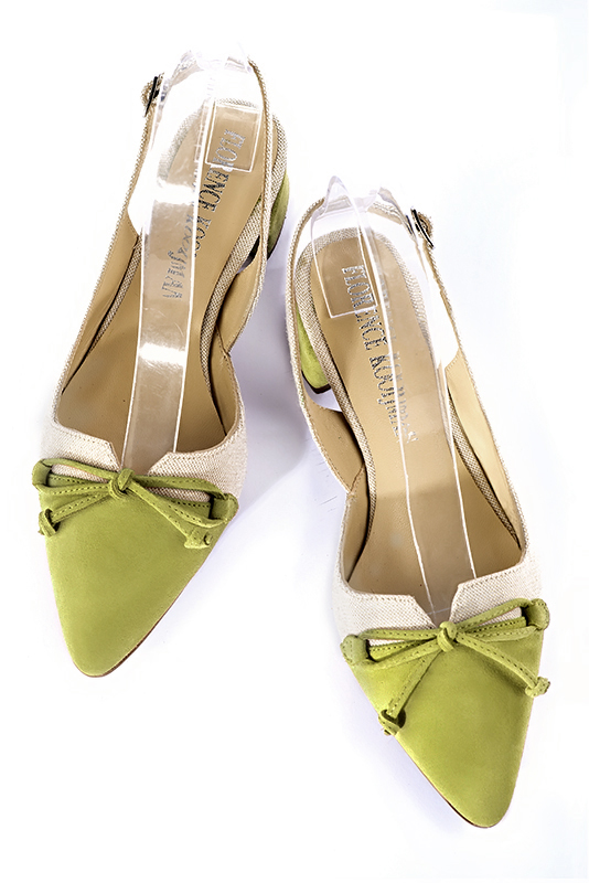 Chaussure femme à brides :  couleur vert pistache et beige naturel. Bout effilé. Petit talon évasé. Vue du dessus - Florence KOOIJMAN