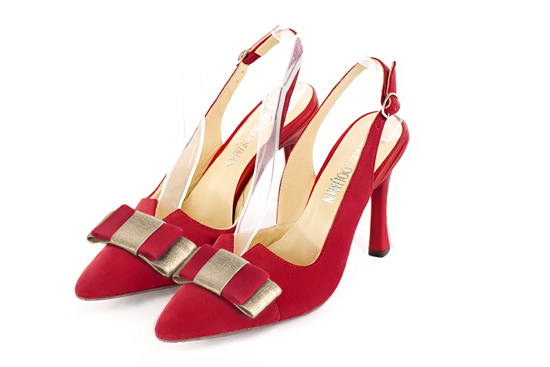 Chaussure femme à brides :  couleur rouge carmin et or doré. Bout effilé. Talon très haut bobine Vue avant - Florence KOOIJMAN