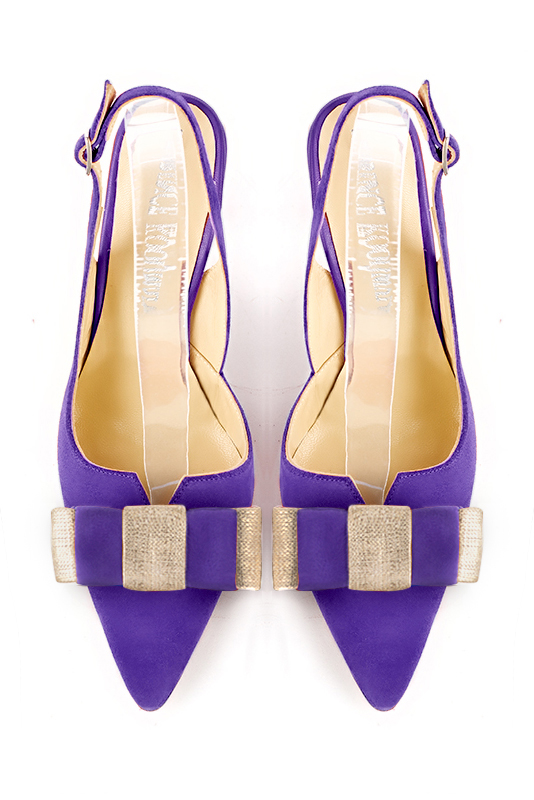 Chaussure femme à brides :  couleur violet outremer et or doré. Bout effilé. Talon très haut bobine. Vue du dessus - Florence KOOIJMAN