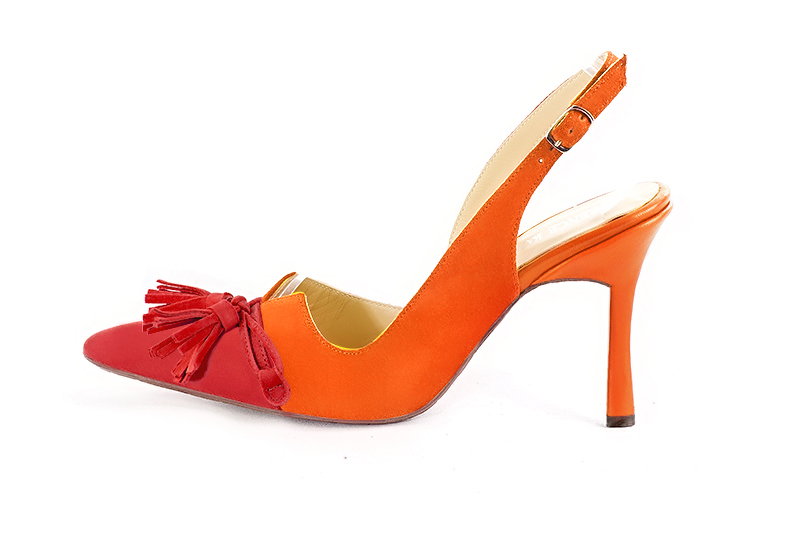 Chaussure femme à brides :  couleur rouge coquelicot et orange clémentine. Bout effilé. Talon très haut fin. Vue de profil - Florence KOOIJMAN
