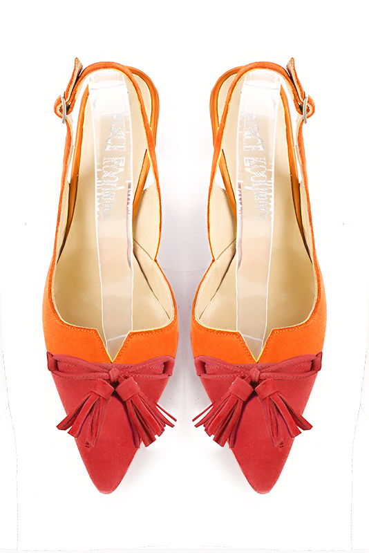 Chaussure femme à brides :  couleur rouge coquelicot et orange clémentine. Bout effilé. Talon très haut fin. Vue du dessus - Florence KOOIJMAN