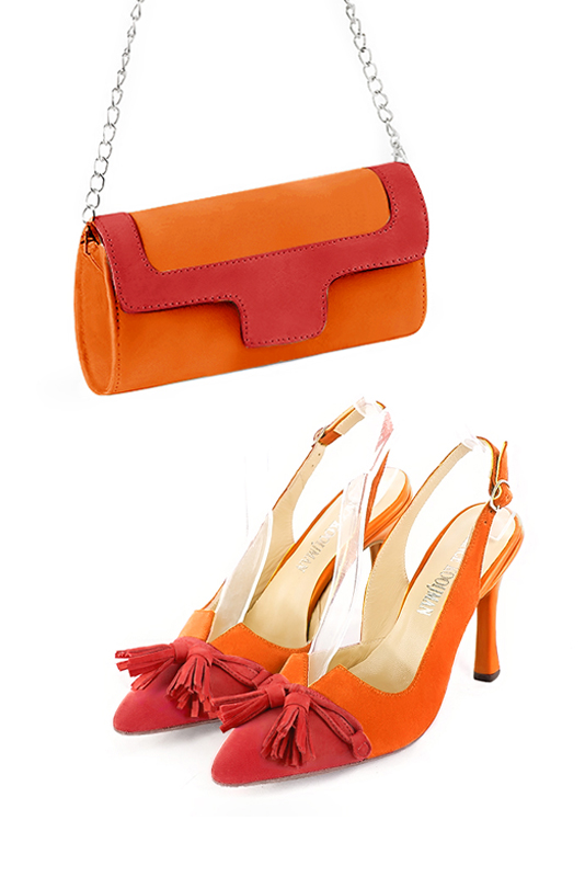 Chaussure femme à brides :  couleur rouge coquelicot et orange clémentine. Bout effilé. Talon très haut fin. Vue porté - Florence KOOIJMAN