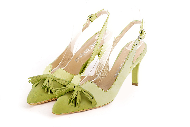 Chaussure femme à brides :  couleur vert pistache. Bout effilé. Talon haut fin Vue avant - Florence KOOIJMAN