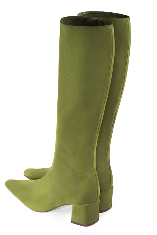 Botte femme : Bottes femme féminines sur mesures couleur vert pistache. Bout effilé. Talon mi-haut bottier. Vue arrière - Florence KOOIJMAN