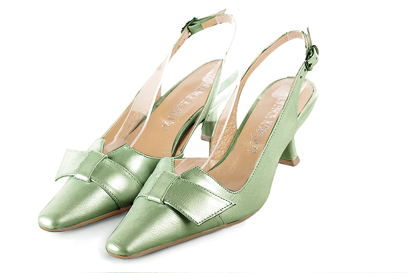 Chaussure femme à brides :  couleur vert pastel. Bout effilé. Talon mi-haut bobine Vue avant - Florence KOOIJMAN