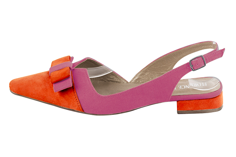 Chaussure femme à brides :  couleur orange clémentine et rose pétunia. Bout effilé. Talon plat bottier. Vue de profil - Florence KOOIJMAN