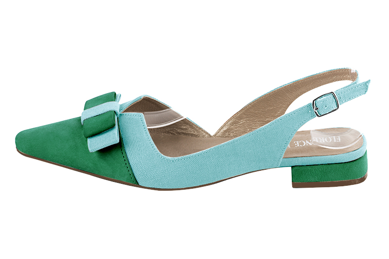 Chaussure femme à brides :  couleur vert émeraude et bleu lagon. Bout effilé. Talon plat bottier. Vue de profil - Florence KOOIJMAN