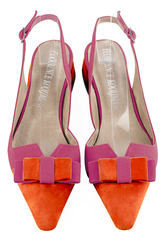 Chaussure femme à brides :  couleur orange clémentine et rose pétunia. Bout effilé. Talon plat bottier. Vue du dessus - Florence KOOIJMAN