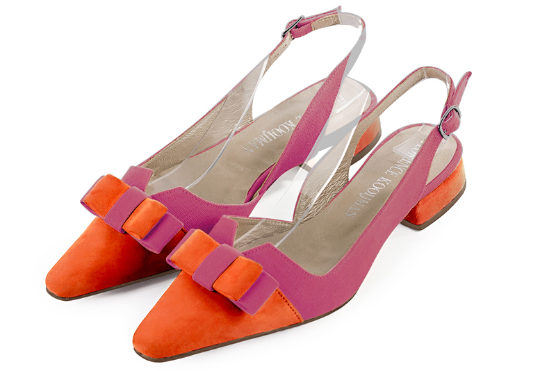 Chaussure femme à brides :  couleur orange clémentine et rose pétunia. Bout effilé. Talon plat bottier Vue avant - Florence KOOIJMAN