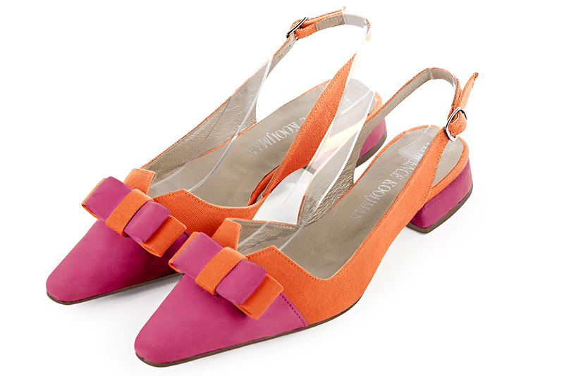 Chaussure femme à brides :  couleur rose fuchsia et orange clémentine. Bout effilé. Talon plat bottier Vue avant - Florence KOOIJMAN
