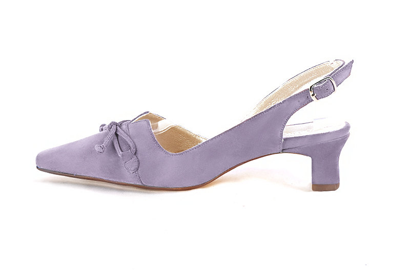 Chaussure femme à brides :  couleur violet parme. Bout effilé. Petit talon trotteur. Vue de profil - Florence KOOIJMAN