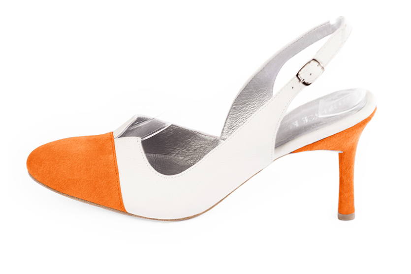 Chaussure femme à brides :  couleur orange abricot et blanc cassé. Bout rond. Talon haut fin. Vue de profil - Florence KOOIJMAN