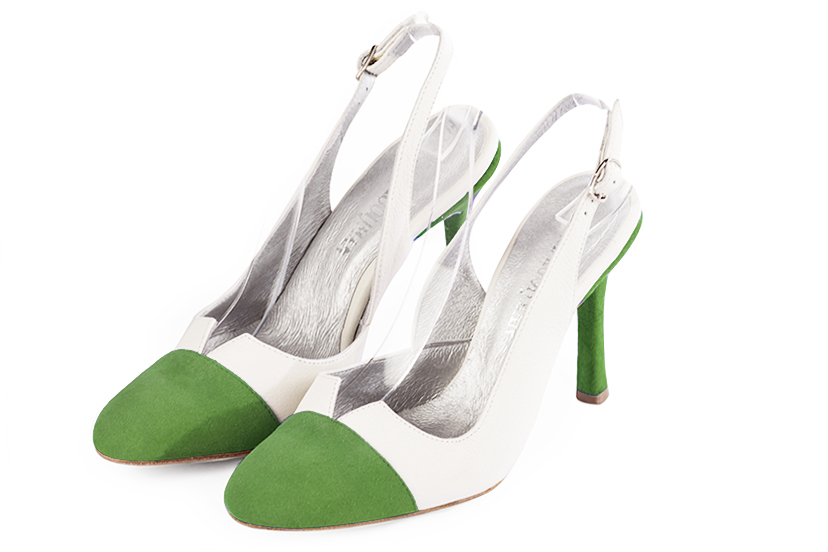 Chaussure femme à brides :  couleur vert anis et blanc cassé. Bout rond. Talon très haut fin Vue avant - Florence KOOIJMAN
