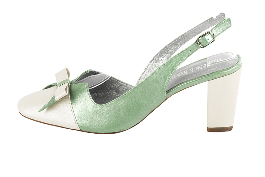 Chaussure femme à brides :  couleur blanc cassé et vert pastel. Bout rond. Talon haut bottier. Vue de profil - Florence KOOIJMAN