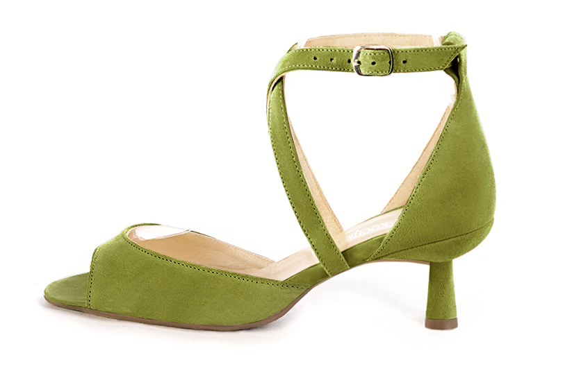 Sandale femme : Sandale soirées et cérémonies couleur vert pistache. Bout carré. Talon mi-haut bobine. Vue de profil - Florence KOOIJMAN