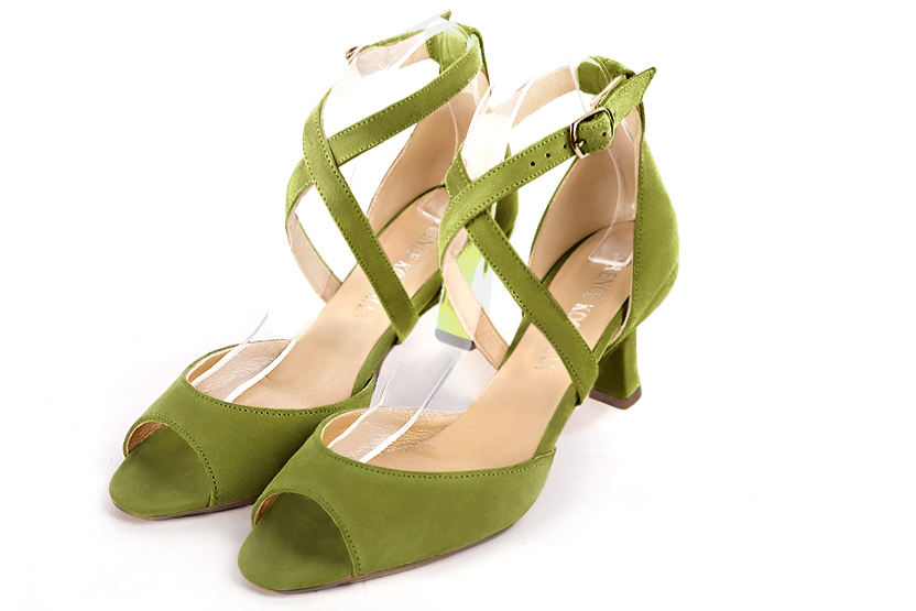 Sandale femme : Sandale soirées et cérémonies couleur vert pistache. Bout carré. Talon mi-haut bobine Vue avant - Florence KOOIJMAN