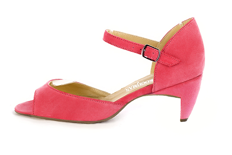 Sandale femme : Sandale soirées et cérémonies couleur rose camélia. Bout carré. Talon mi-haut virgule. Vue de profil - Florence KOOIJMAN