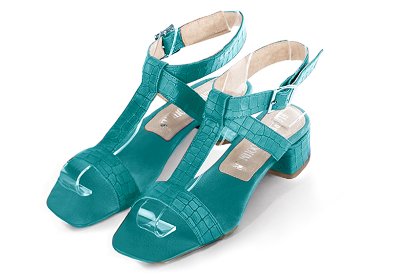 Sandale femme : Sandale soirées et cérémonies couleur bleu turquoise. Bout carré. Petit talon évasé Vue avant - Florence KOOIJMAN