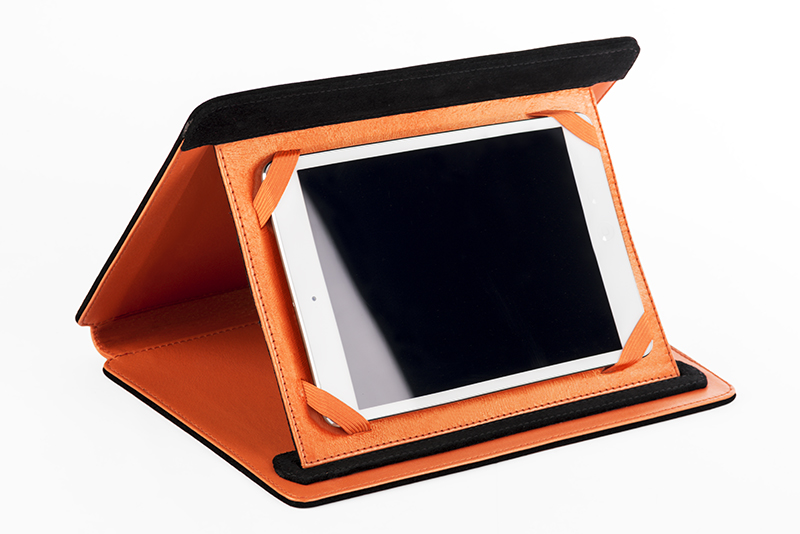Etui pour tablette orange abricot et noir mat haut de gamme. Personnalisation. Vue arrière - Florence KOOIJMAN