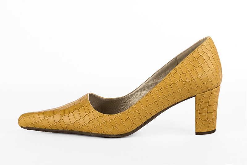 Escarpins personnalisables Florence KOOIJMAN - Escarpin Pointu Jaune ocre en croco sur un talon bottier mi haut, personnalisable dans toutes les couleurs Rouge Orange Violet Vert Electric, du 35 au 43