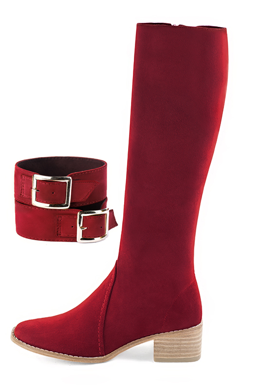 Bracelets pour bottes et cuissardes : A porter sur des bottes ou cuissardes en haut des mollets | couleur rouge carmin. Vue du dessus - Florence KOOIJMAN