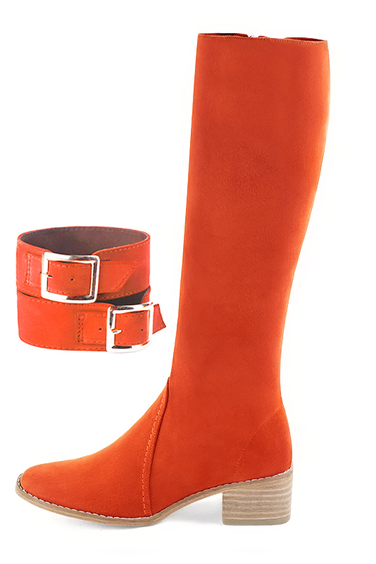 Bracelets pour bottes et cuissardes : A porter sur des bottes ou cuissardes en haut des mollets | couleur orange clémentine. Vue du dessus - Florence KOOIJMAN