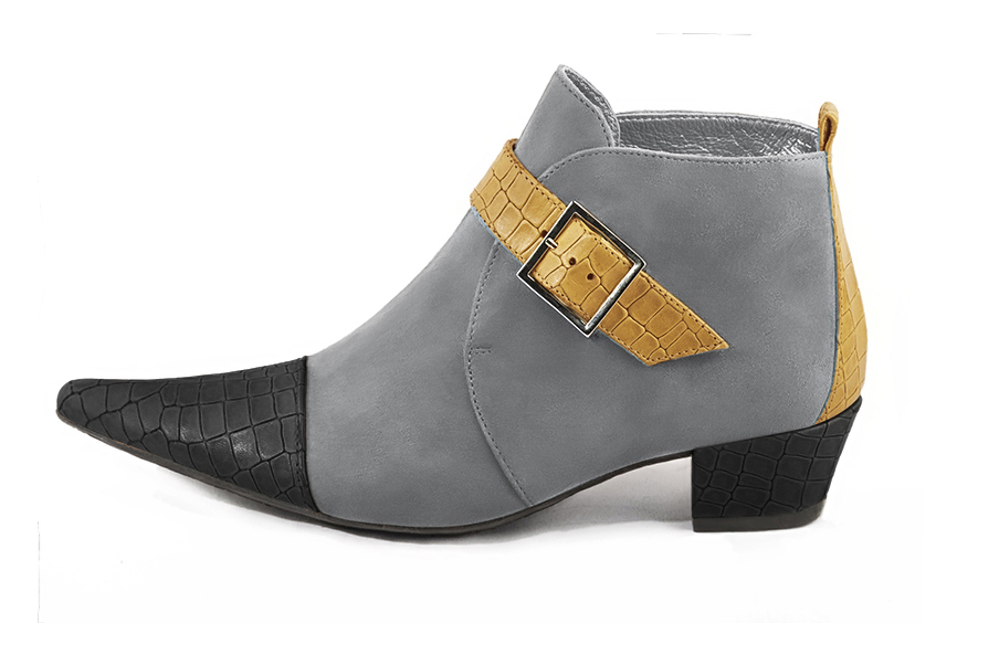 Boots femme : Boots avec des boucles à l'avant couleur gris acier et jaune ocre. Bout pointu. Petit talon conique. Vue de profil - Florence KOOIJMAN