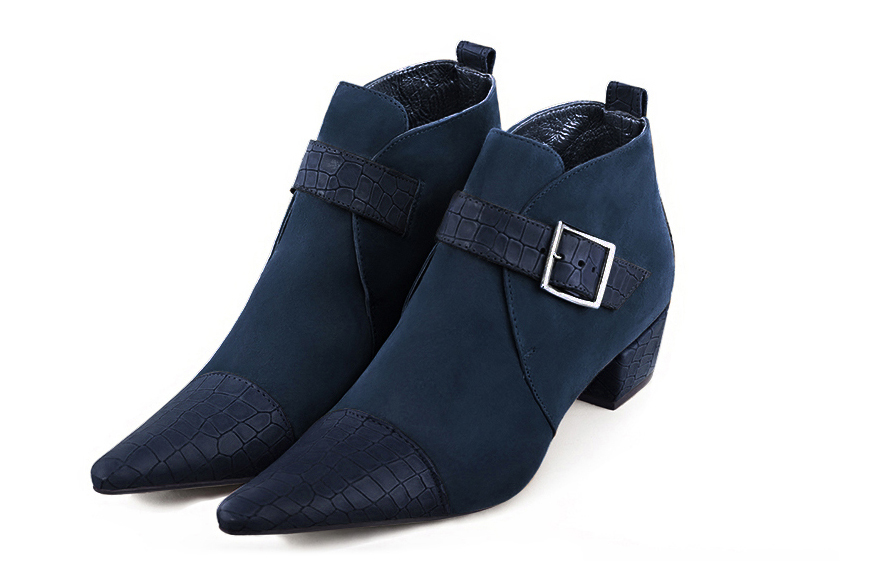 Boots femme : Boots avec des boucles à l'avant couleur bleu marine. Bout pointu. Petit talon conique Vue avant - Florence KOOIJMAN