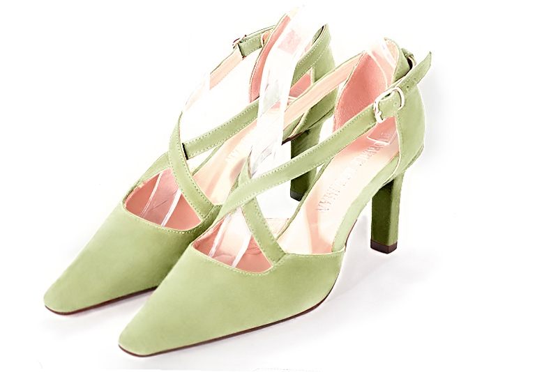 Chaussure femme à brides : Chaussure côtés ouverts brides croisées couleur vert tilleul. Bout effilé. Talon haut fin Vue avant - Florence KOOIJMAN