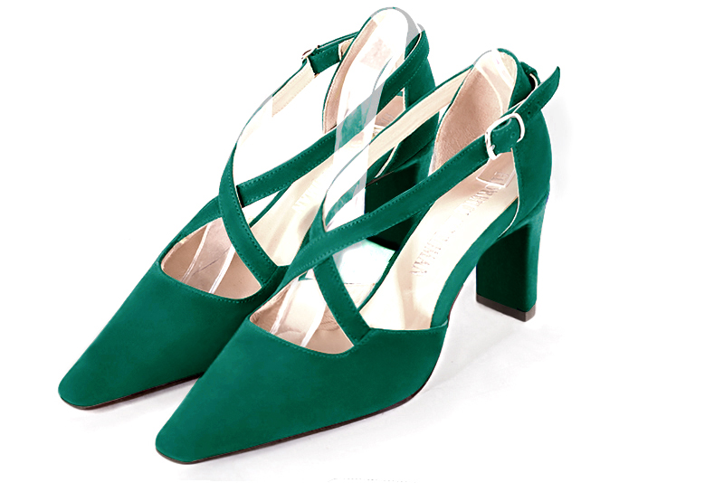Chaussure femme à brides : Chaussure côtés ouverts brides croisées couleur vert émeraude. Bout effilé. Talon haut virgule Vue avant - Florence KOOIJMAN