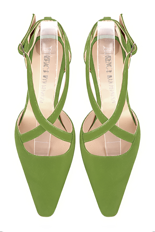 Chaussure femme à brides : Chaussure côtés ouverts brides croisées couleur vert anis. Bout effilé. Petit talon trotteur. Vue du dessus - Florence KOOIJMAN