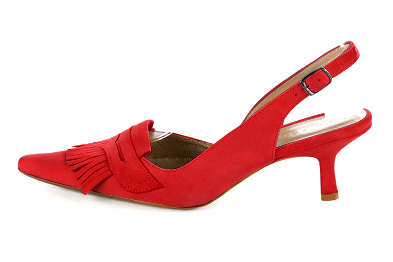 Chaussure femme à brides :  couleur rouge coquelicot. Bout pointu. Talon mi-haut bobine. Vue de profil - Florence KOOIJMAN