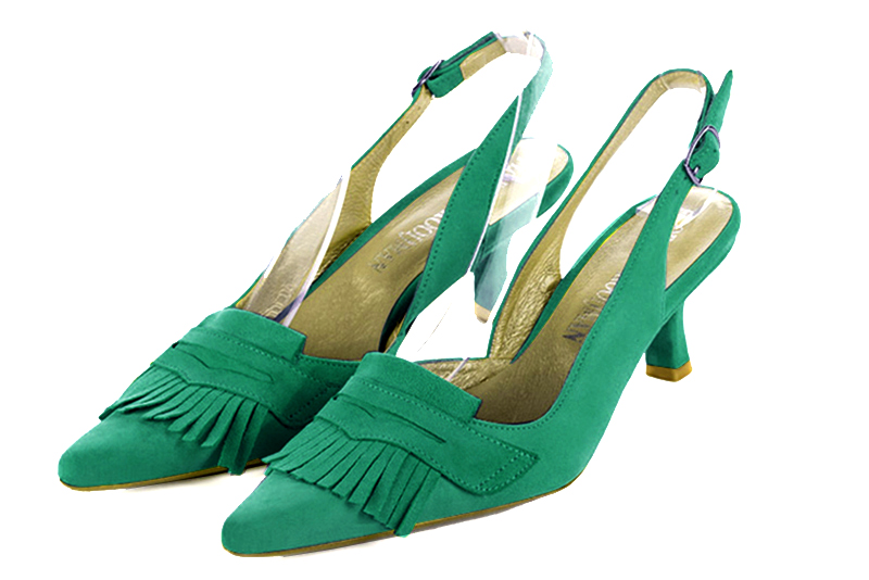 Chaussure femme à brides :  couleur vert émeraude. Bout pointu. Talon mi-haut bobine Vue avant - Florence KOOIJMAN