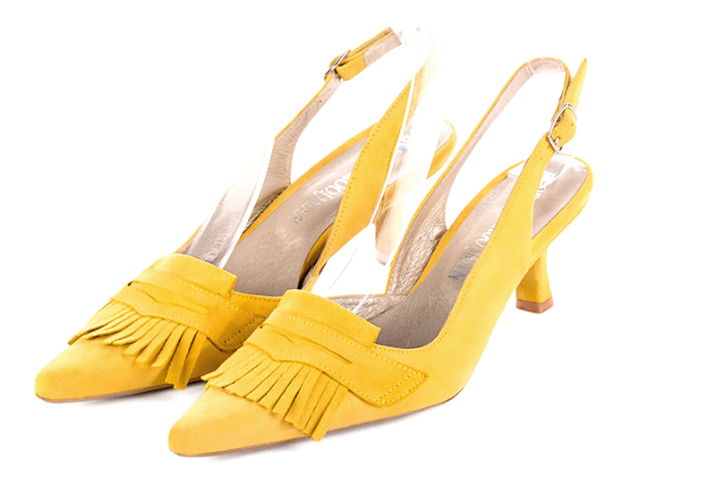 Chaussure femme à brides :  couleur jaune soleil. Bout pointu. Talon mi-haut bobine Vue avant - Florence KOOIJMAN