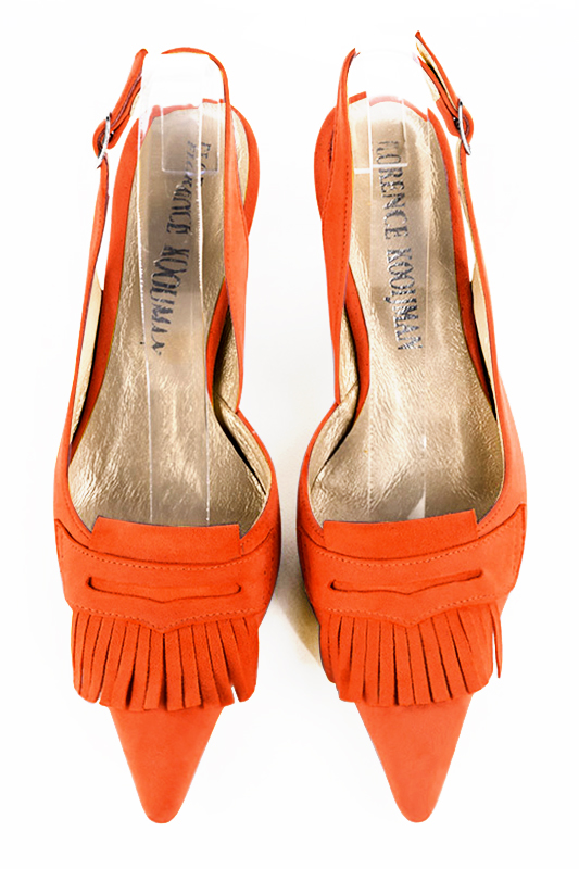 Chaussure femme à brides :  couleur orange clémentine. Bout pointu. Talon mi-haut bobine. Vue du dessus - Florence KOOIJMAN